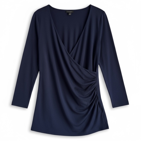 New Talbots Navy Blue Cotton Surplice Drape Long Sleeve Top Size Medium - Picture 1 of 4